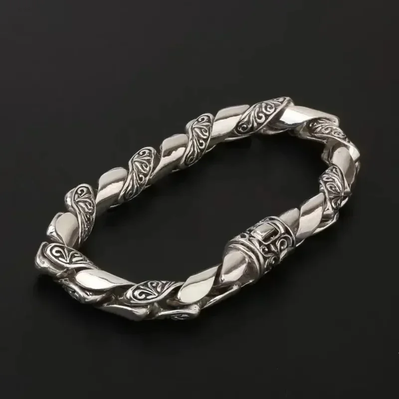 YISON Punk 925 Sterling Silver Hollow Out Bracelet for Women and Men Vintage Lucky Pattern Fashion Trendy Charm Jewelry Gift