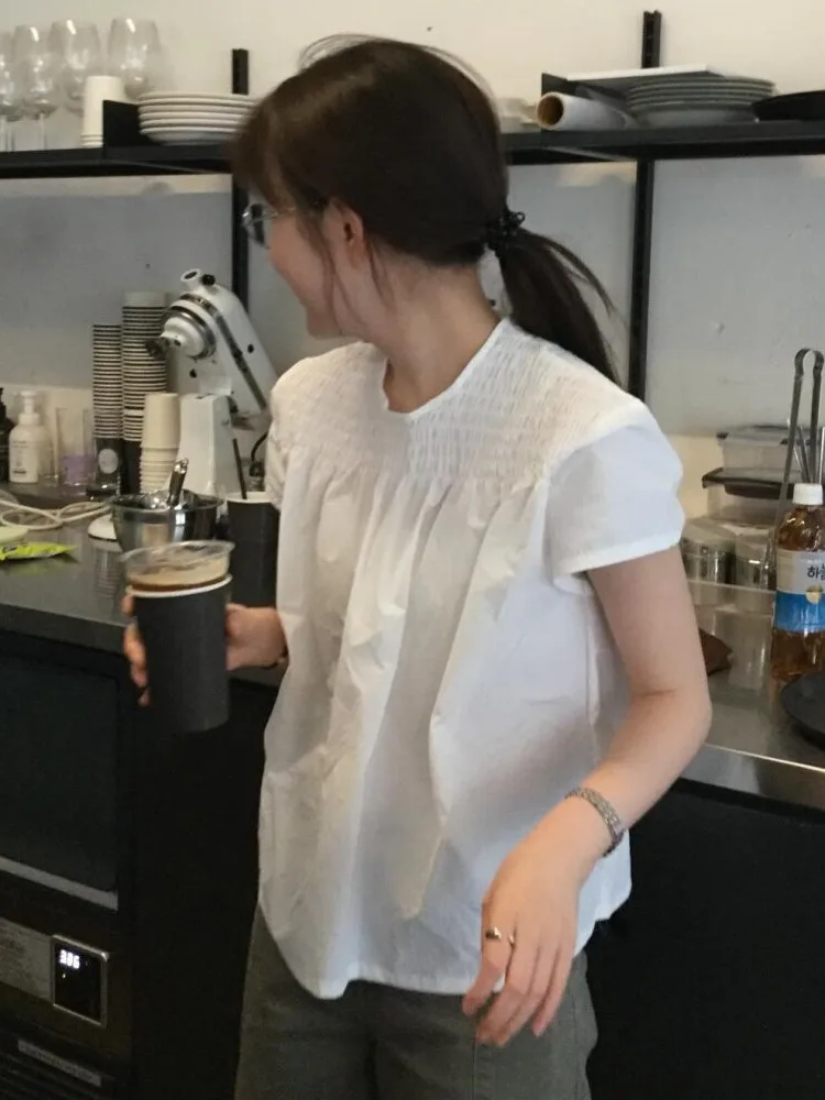 Casual Loose round Neck Pleated Short Sleeve Shirt Top for Bloggers Korean Style Spring Autumn Winter Women's Fashion