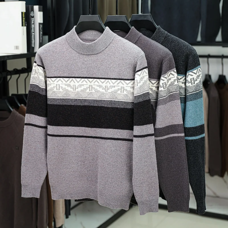 Wool100% Men High Quality Autumn Winter Sweater Round Neck Jacquard 12needle Craftsmanship Long Sleeves Sweater Exquisite Tops
