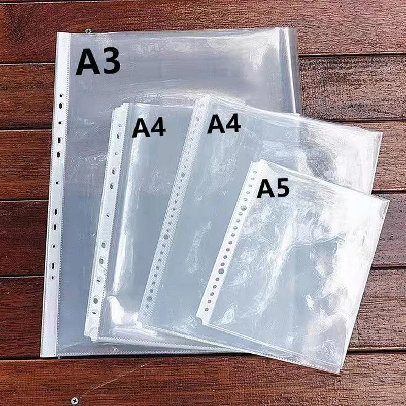 50pcs A3A4A5 Sheet Folder Bags Plastic Transparent Punched Pocket Filing Paper Loose Leaf Notebook Documents Protector Organizer