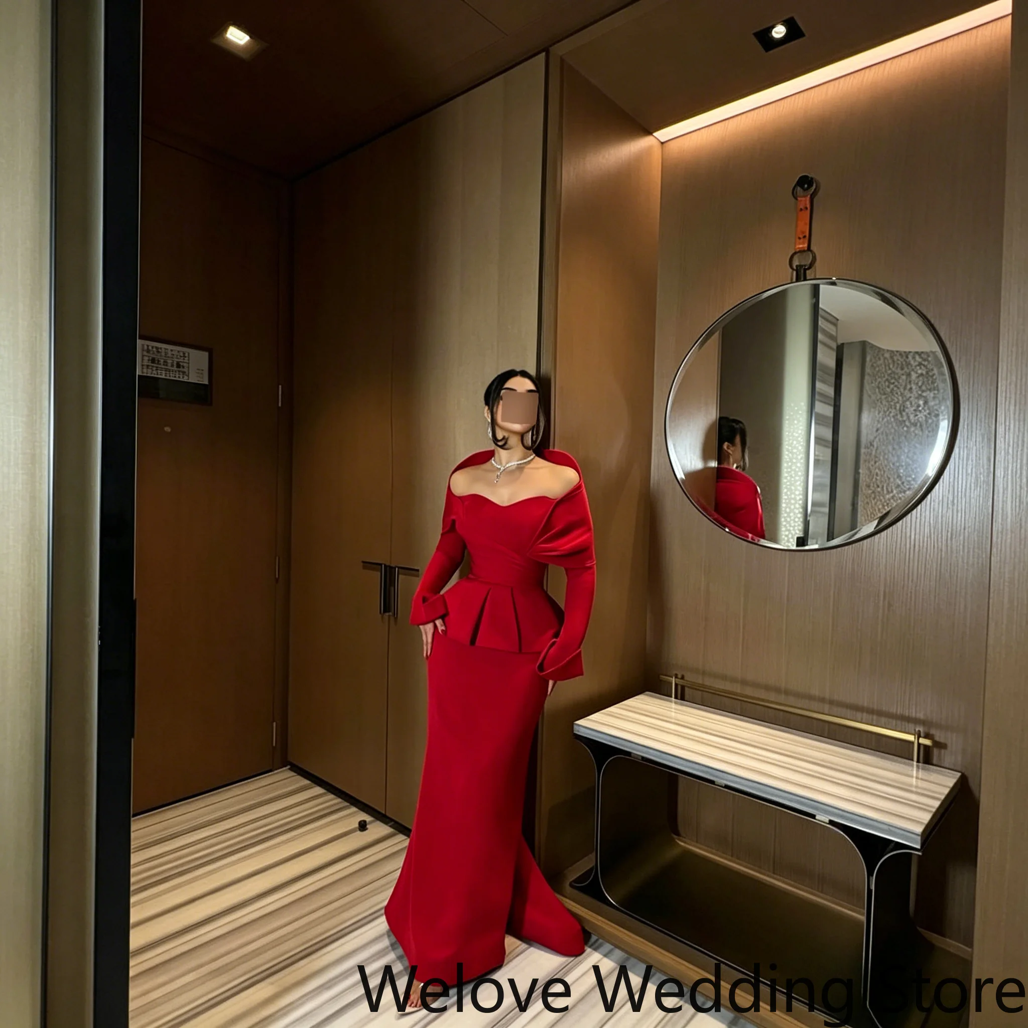 Red Formal Evening Gown Featuring Off-the-Shoulder Sweetheart Neckline, Long Sleeves, Structured Peplum Waist Detail