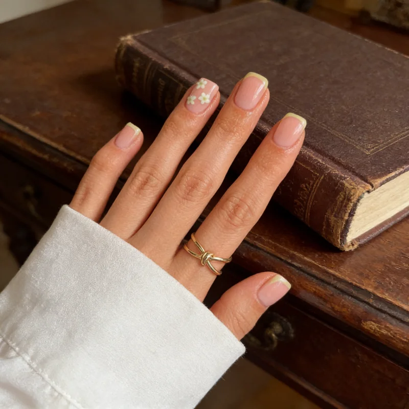 

24Pcs False Nail Set Yellow French Tips with White Floral Design Short Square Press-On Nails Perfect Gift for Girls and Friends