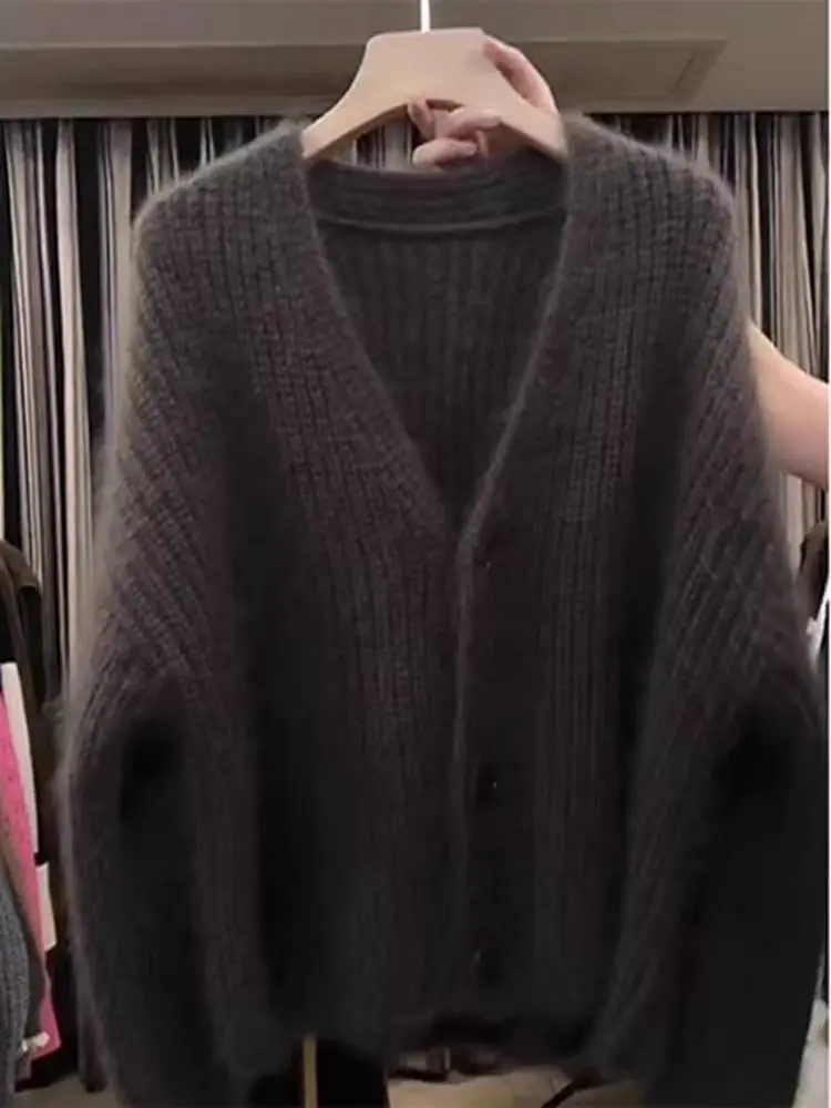 

Korean Fashion 2024 New Grey Elegant Long Sleeved Sweater Autumn Winter Women V Neck Single Breasted Cardigan Knitted Tops Trend