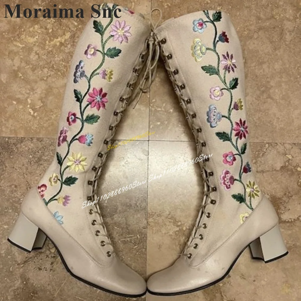 Knee High Off White Embroider Boots Chunky High Heel Shoes For Women Cross Tied Round Toe 2024 Modne Zapatos Para Mujere