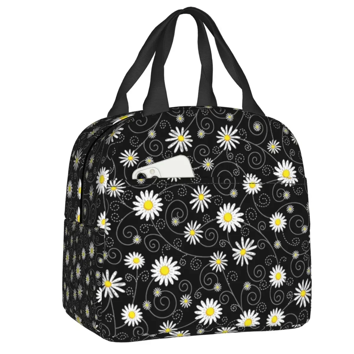 Custom Daisy Floral Lunch Bag Women Cooler Thermal Insulated Daisies Flower Lunch Box for Kids School Work Picnic Food Tote Bags