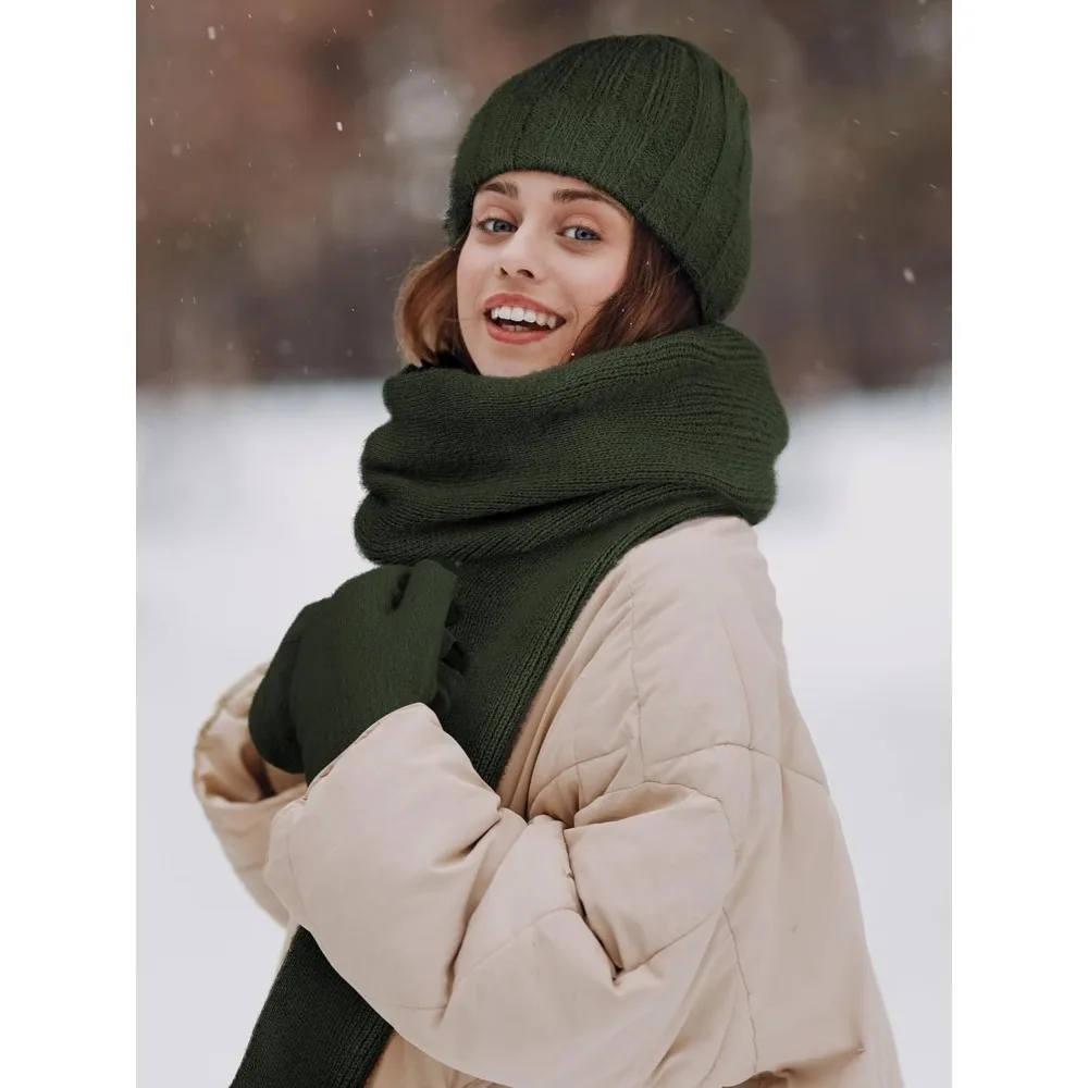 الشتاء قبعة قبعة وشاح قفازات، الدافئة الصوف متماسكة قبعة وشاح طويل الرقبة أدفأ شاشة تعمل باللمس قفازات الشتاء مجموعة هدايا للنساء