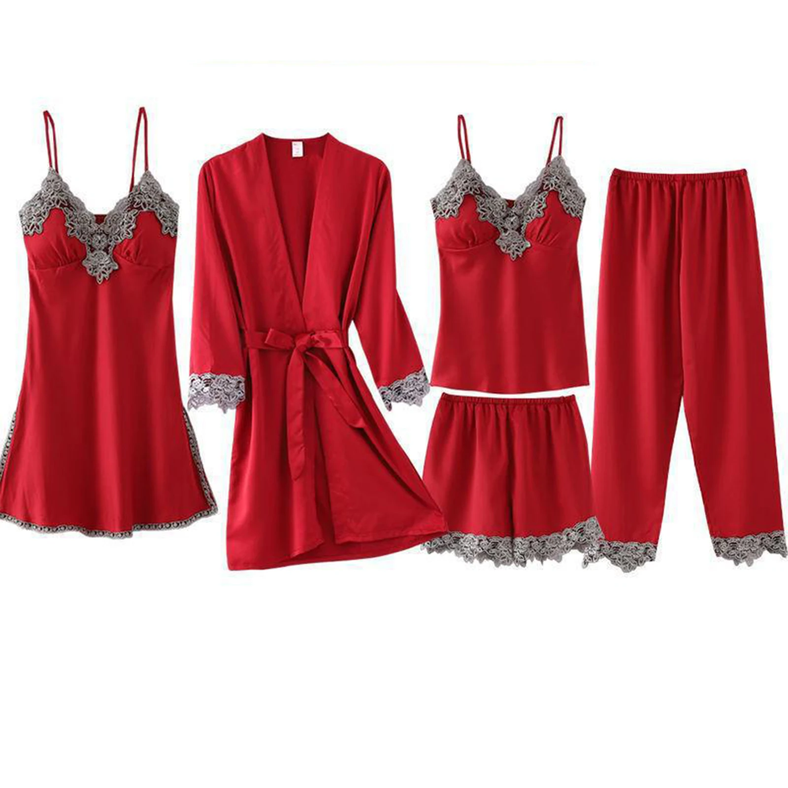 

Женский всесезонный сексуальный пижамный комплект со штанами, комплект из 5 предметов, кружевная атласная одежда для сна с шелковым халатом, модная и удобная ночная рубашка