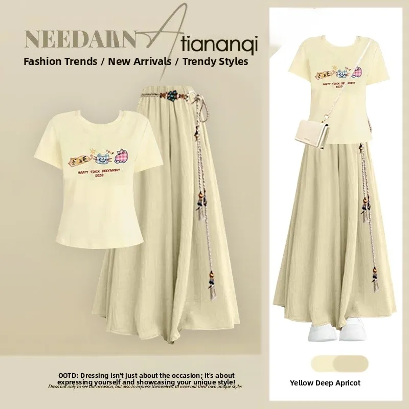 

Summer New Style Dopaamine Print round Neck T-Shirt Top And Skirt Two-Piece Set Cute Cartoon Pattern Anti-Aging Women's Fashion