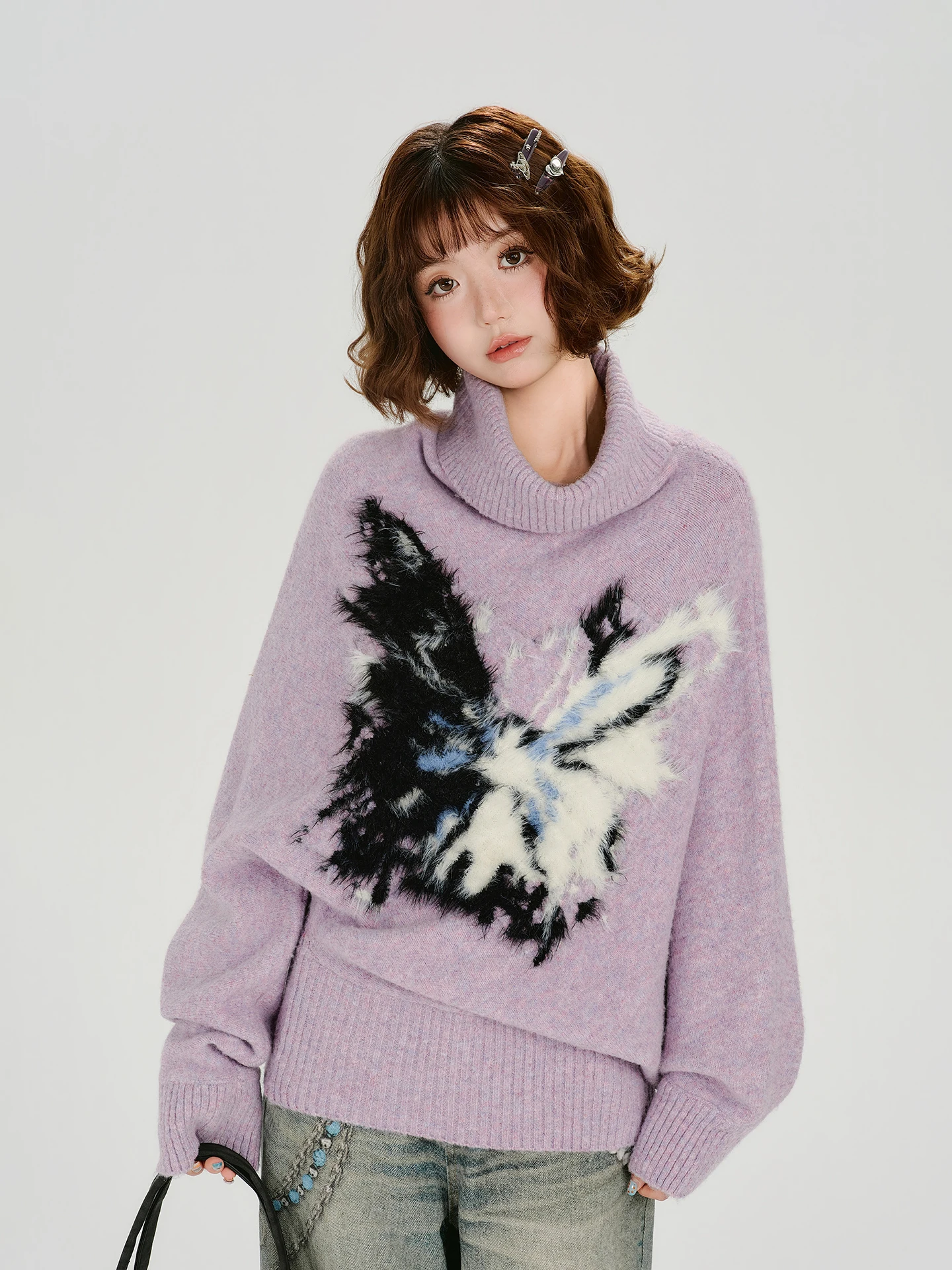 

Girly American Retro Knitted High Collar Loose Women's Sweater Autumn Winter Faion Design Casual Batwing Sve Top