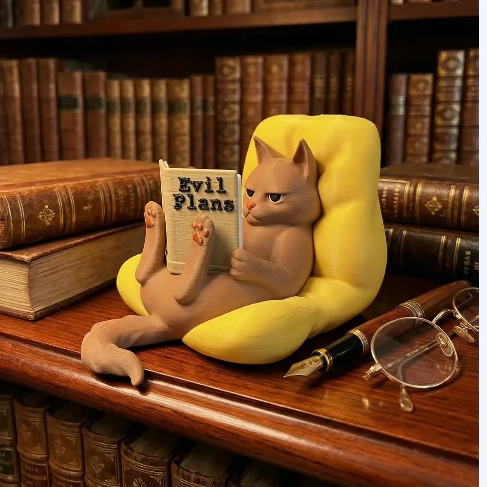 3D Printed Reading Cat Figurine Funny Bookend Cat Statue Lazy Cat Pose Home Decoration Cat Ornaments Reading Nook Accessory