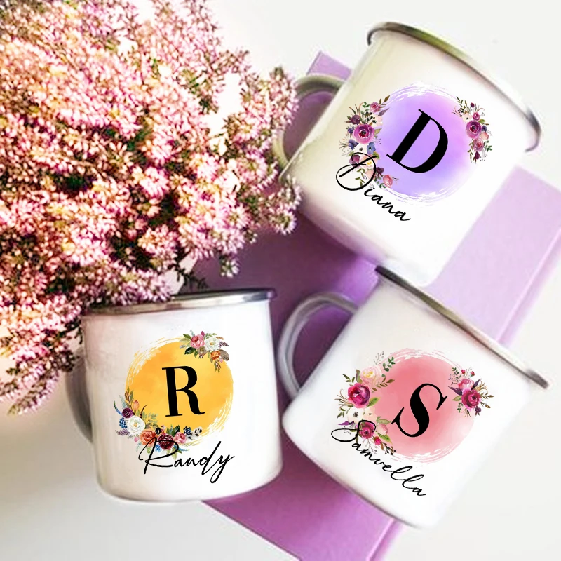 Personalized Flowers with Name Mugs Initial Print Cup Custom Coffee Mug Outdoor Cups Anniversary Couple Engagement Wedding Gifts