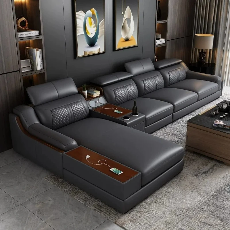 for Living Room with Cup Holder, USB, Adjustable Headrests & Bluetooth Speaker - Lazy Sofa  Stylish Italian Genuine Leather Sofa