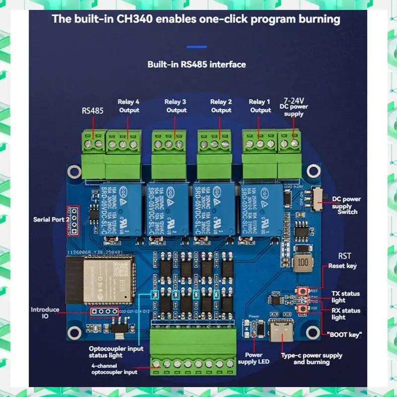 3C Electron ESP32 RS485 Modbus 4 Channel Relay Module 7-24V TYPE-C Built-In CH340 With WIFI Bluetooth Support Modbus,ESP32 RS485