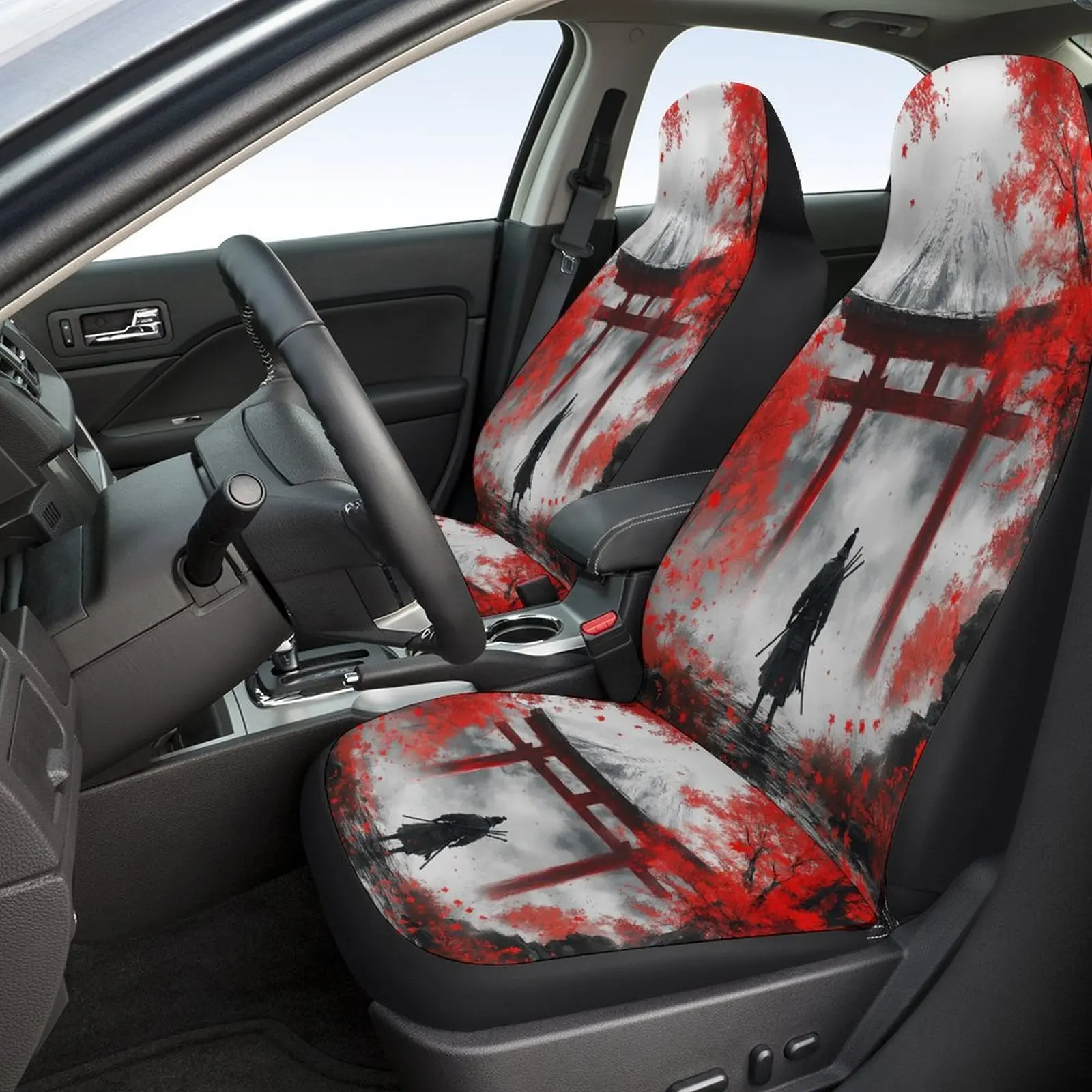 Set Of Car Seat Covers Featuring A Samurai And Torii Theme, Suitable For Various Vehicles. Stylish And Durable, This Complete Se