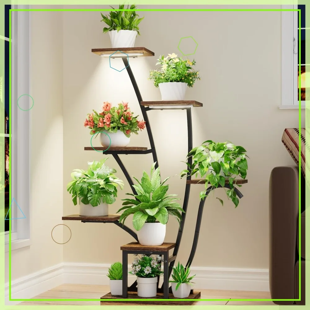 

43" Tall Indoor Plant Stand with Grow Lights, 7-Tier Corner Shelf for Living Room & Patio Decor in Black