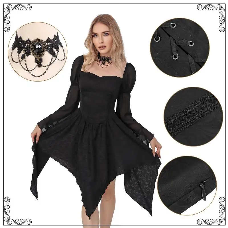 

DAZCOS Womens Gothic Dress Vintage Fairy Goth Dresses Long Flare Sleeve Casual Skirts Punk Vampire Clothes for Halloween