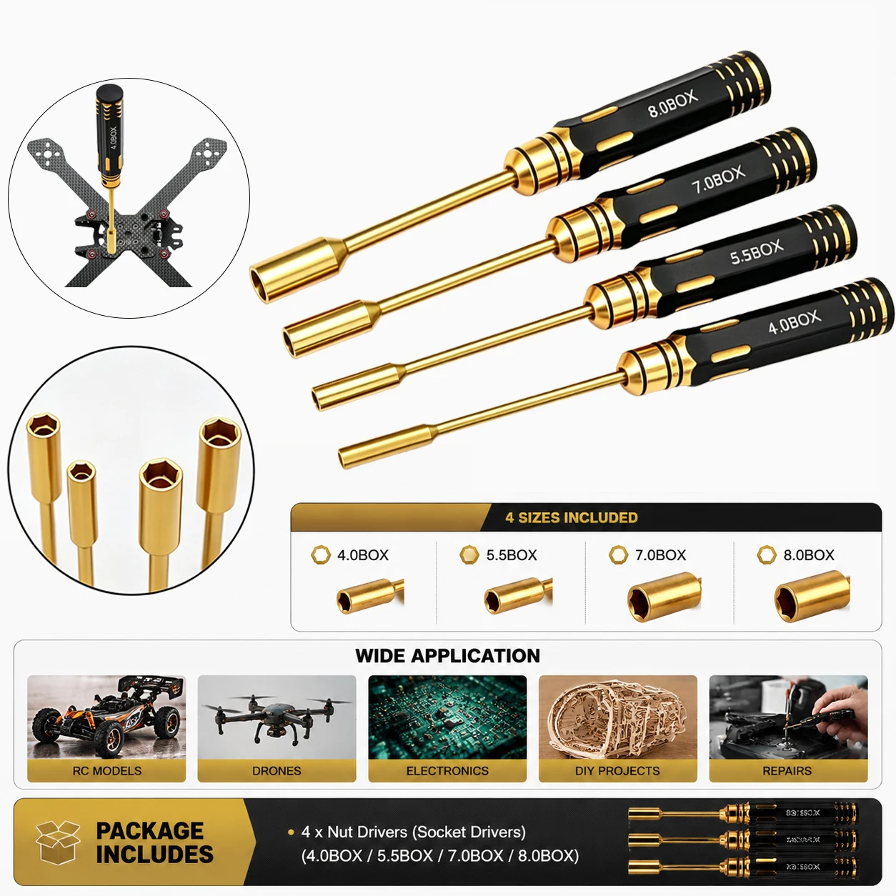 4Piece Titanium Alloy Hex Driver Set Screwdriver 4.0/5.5/7.0/8.0mm For  RC Car Airplane Drone  Diy Projects Various Uses Such