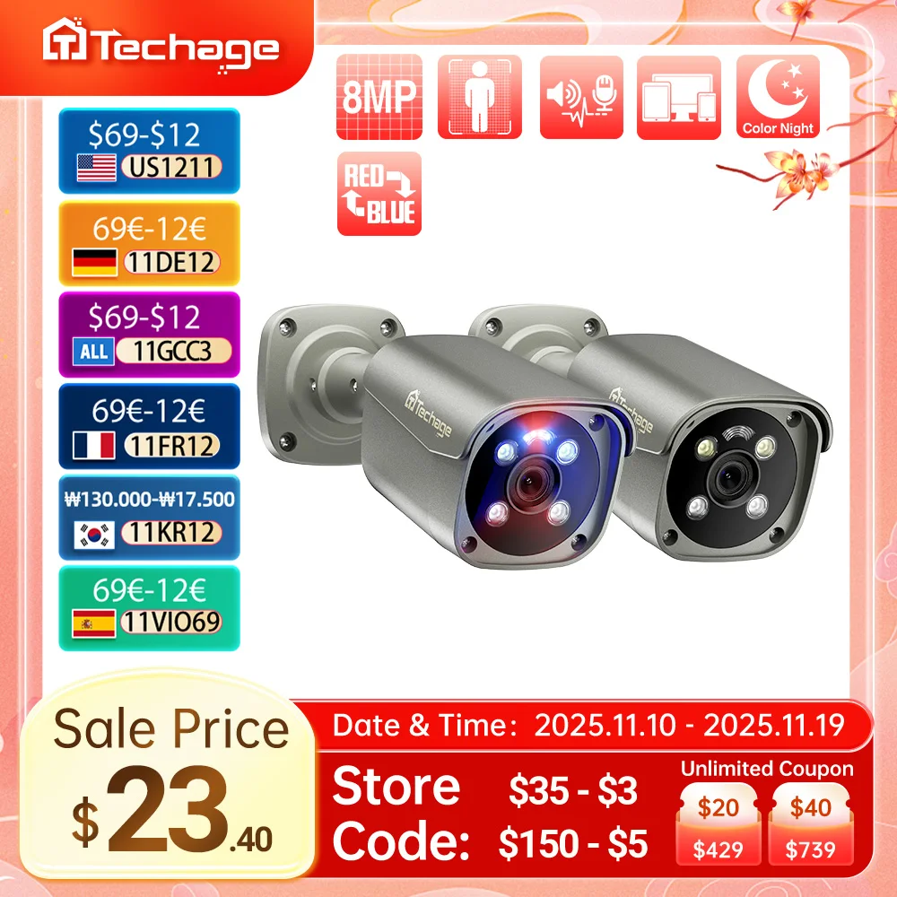 

Techage UHD 5MP 4K 8MP камера безопасности POE Smart AI Человек обнаруживает наружное двустороннее аудио IP камера CCTV