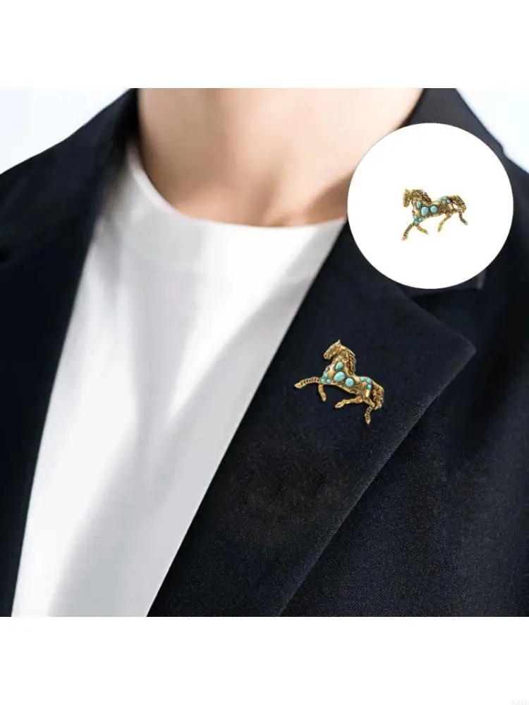 Trendy Horse Brooch Pin Embellished Simulated Turquoise for Enhancing Clothing Gift Chinese Zodiacal Pin