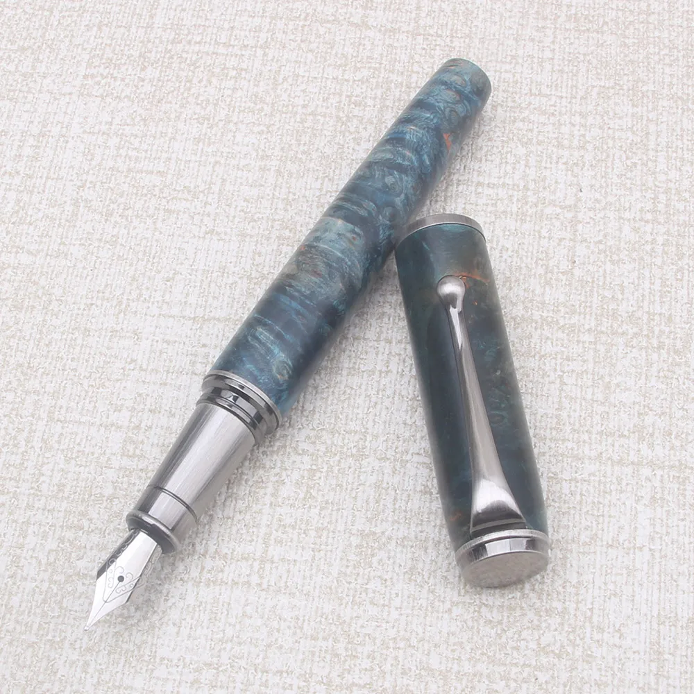 Natural A10 Stabilized Wood Fountain Pen Fine Nib Dark Blue Brown Handcraft Writing Pen with Converter Writing Pen