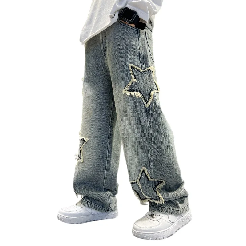 

New Fashion Teenager Boys Denim Wide Leg Pants Children Trousers Spring Autumn Stars Pattern Girls Jeans 5-14 Years Kids Clothes