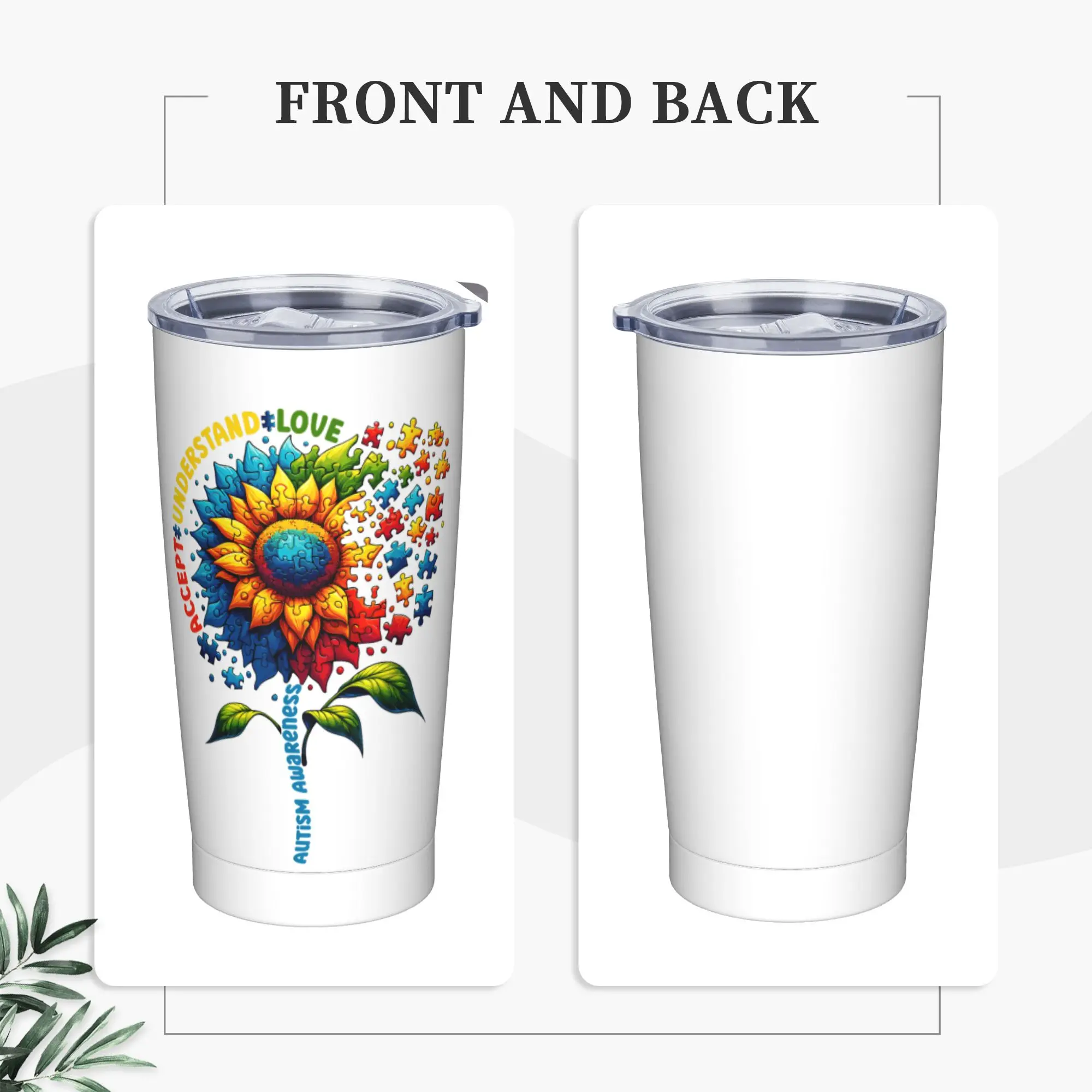 Stainless Steel Tumbler Autism Awareness Sunflower Coffee Mug  Portable Cold Drink Car Mugs Travel Water Bottle