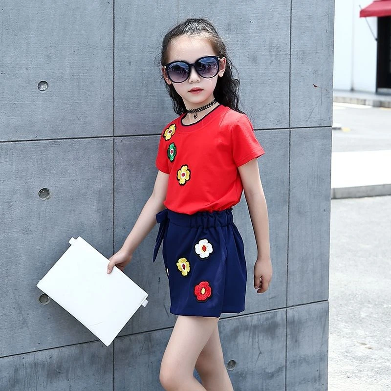 Summer Girls Set Embroidered Cotton Shorts T-shirt Girl Two Piece Suit Fashion Flower Skirt 2 To 4 5 6 7 8 9 10 11 12 Years Old