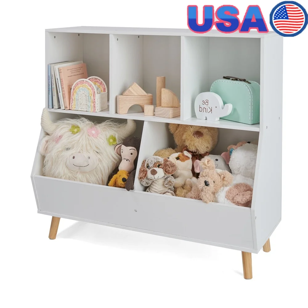

Children's 5-Bin Toy Storage Organizer and Bookshelf Wood Furniture Playroom Living Room Easy Clean Modern Design