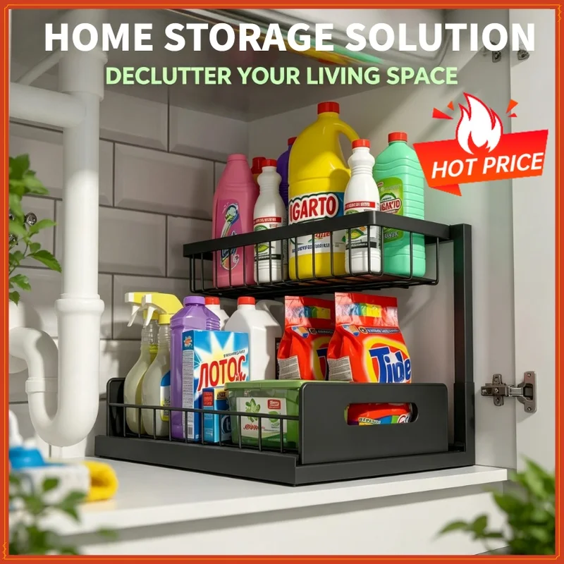 Under Sink Organizer, Pull Out Cabinet Organizer 2 Tier Slide Out Sink Shelf Cabinet Storage Shelves, Under Sink Storage