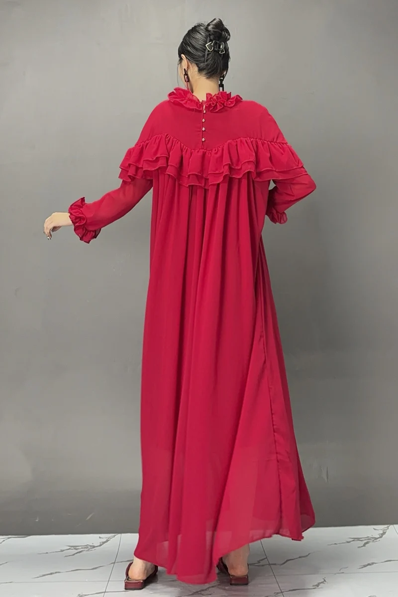 2024 Autumn New Elegant Red Folds Loose Long Dresses Women Casual Long Sleeve Dress Female Wholesale J378