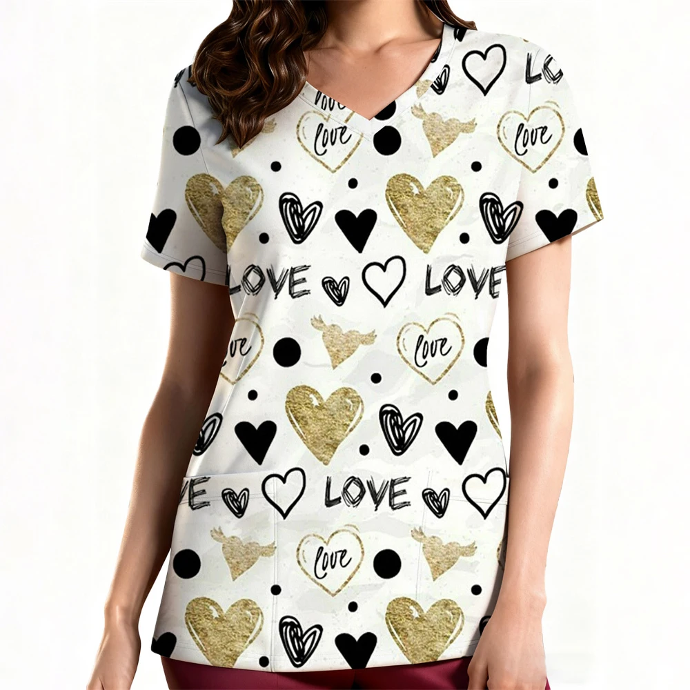 女性用花柄看護ユニフォーム レディース半袖Vネック介護従事者看護師作業用医療スクラブユニフォームブラウストップスユニフォーム