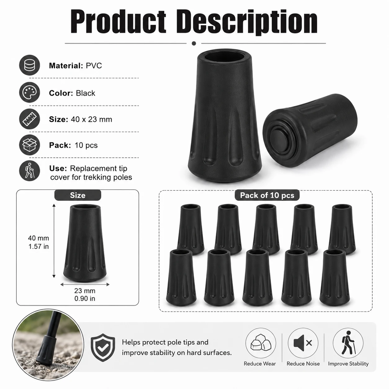Trekking Pole Rubber Tips Feet Replacement - 10-40 Pièces de Protège-Embouts en Caoutchouc