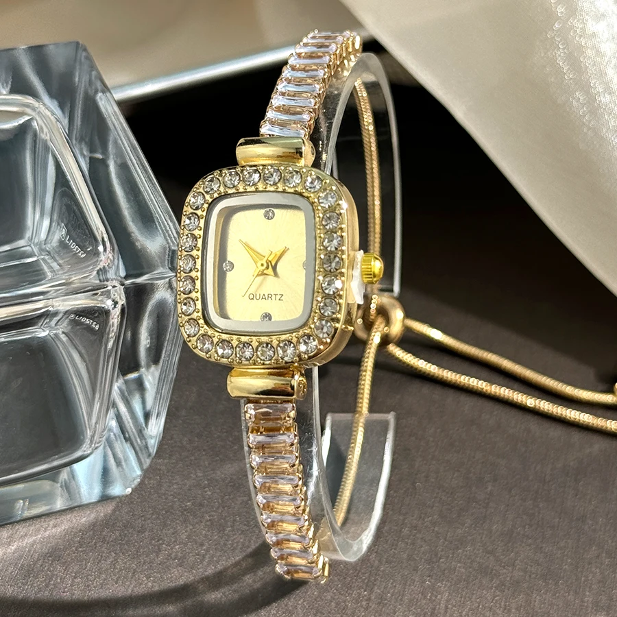 women's inlaid zircon flexible pull out bracelet with diamond square alloy case rhinestone scale simple dial quartz watch
