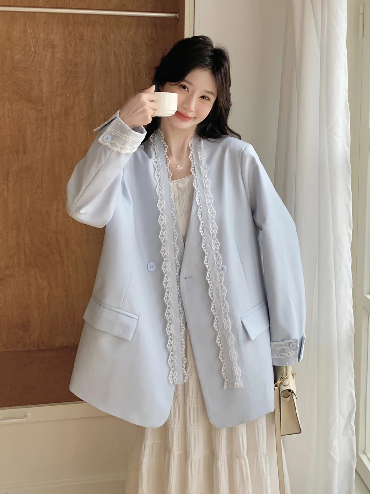 SALIENCY moda mujer Blazer encaje Patchwork cuello pico ajustado manga larga Sexy Cardigan ropa de calle mujer primavera 2025
