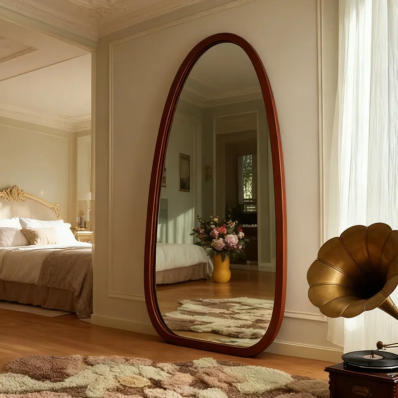 French retro walnut goose egg floor mirror irregular water drop full body full-length