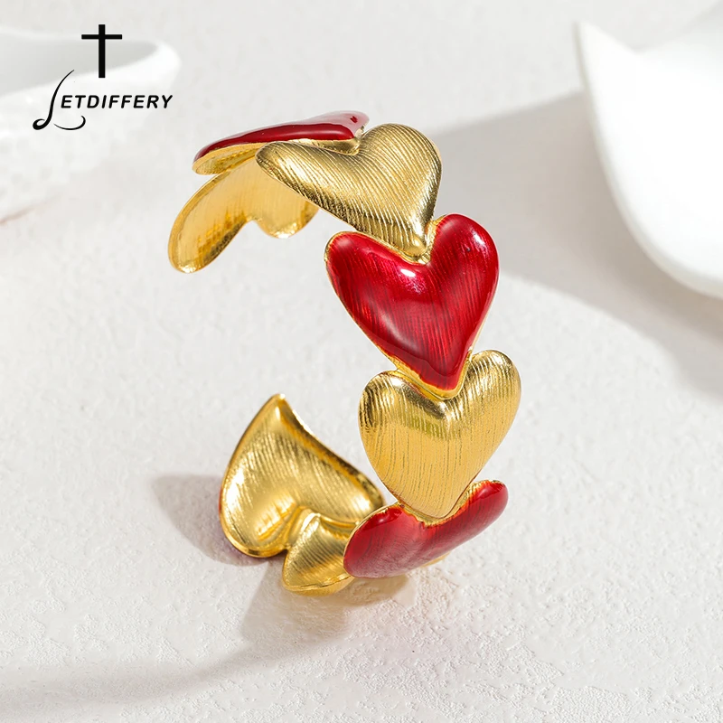 Letdiffery Fashion Exaggerated Heart Bangle for Women Oil Dripping Stainless Steel Retro Red Wide Cuff Open Bracelet Jewelry