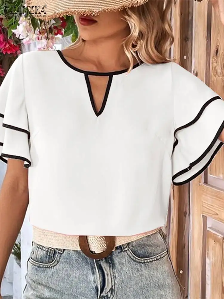 ZANZEA Women Ruffled Short Sleeve Blouse 2024 Summer Round Neck Shirts Elegant Hollow Out Tops Casual Loose Colorblock Tunics