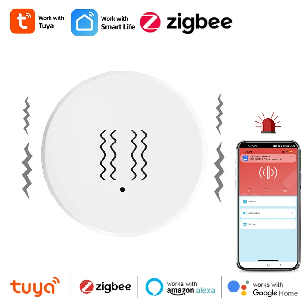 

Tuya Zigbee Smart Vibration Sensor Tilt Detector Alarm Home Security Protection Smartlife App Remote Monitor Alarm Notification