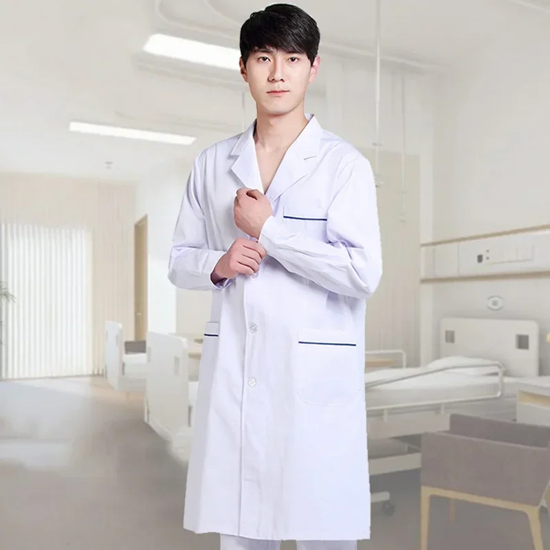 Single-breasted White Long Nurse Doctor Work Clothes With Pockets Simple Men Women Lab Overalls Uniform Wear