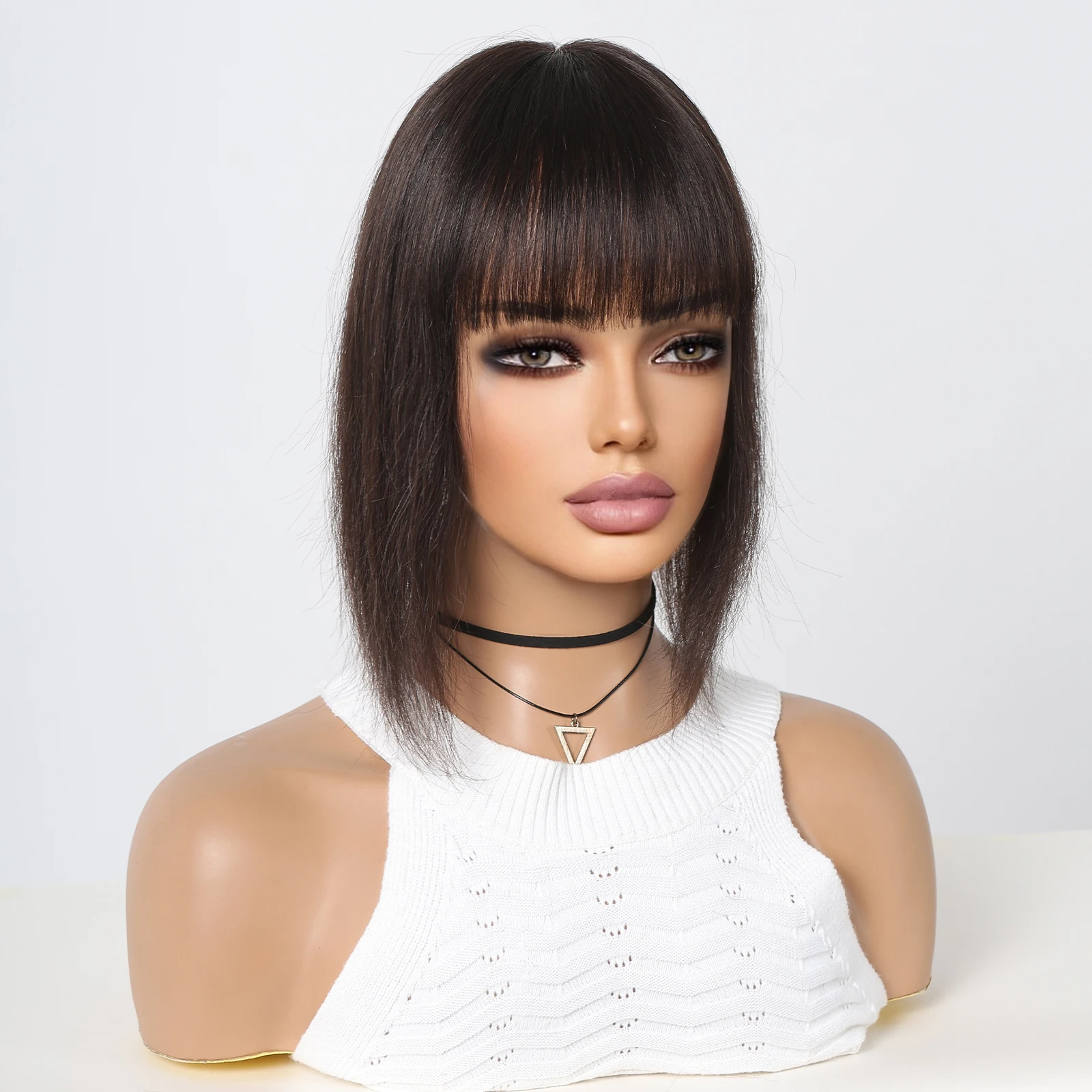 100% Remy Human Hair Toppers Black Natural Color Human Hair Toppers with Bangs Silk Base Clip in Topper for Women Thinning Hair