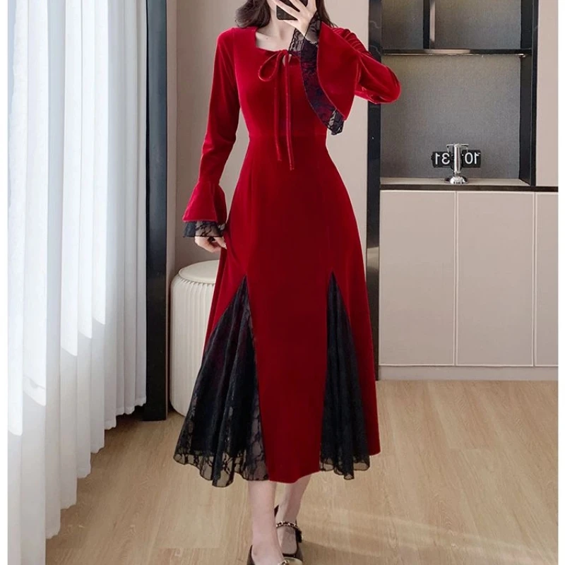 Lace Patchwork Contrast Temperament Midi Dress Autumn Winter Long Sleeve All-match Vintage Ladies Dresses Elegant Women Clothing