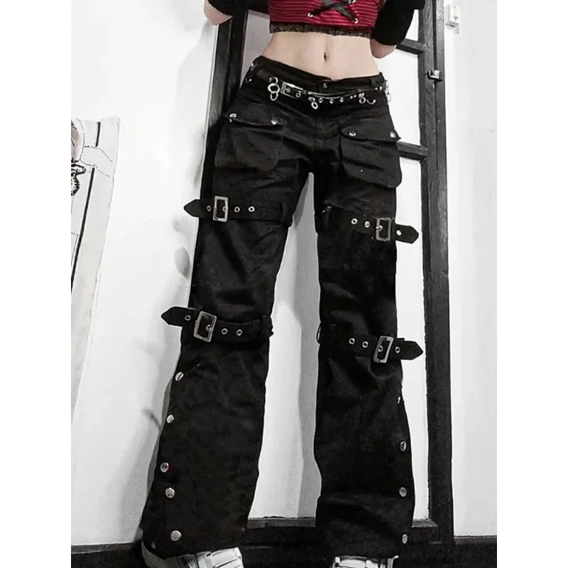 Y2K Western Design Graphic Metal Buckle Draped Washed Punk Unisex Jeans Dark Academia Girl Cargo Pants Gothic Hippie Trousers