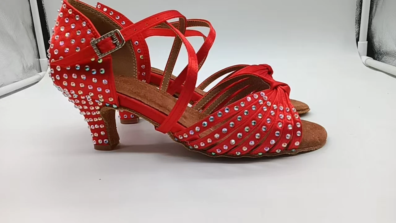 Evkoodance Women's Dance Shoes Red Crystal Satin 6cm Heel Latin Salsa Ballroom Shoes Girls Sneaker Party Dancing Shoes Footwear