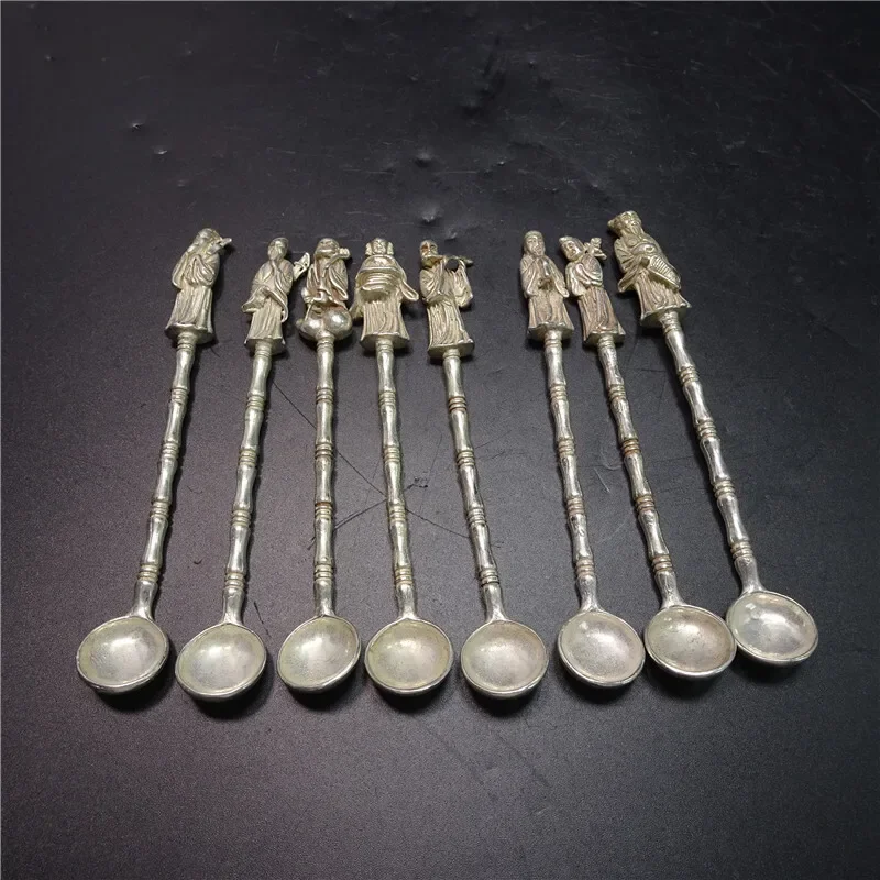 Full set Tibet silver Copper Handmade eight immortals Buddha Statue Spoon Ladle