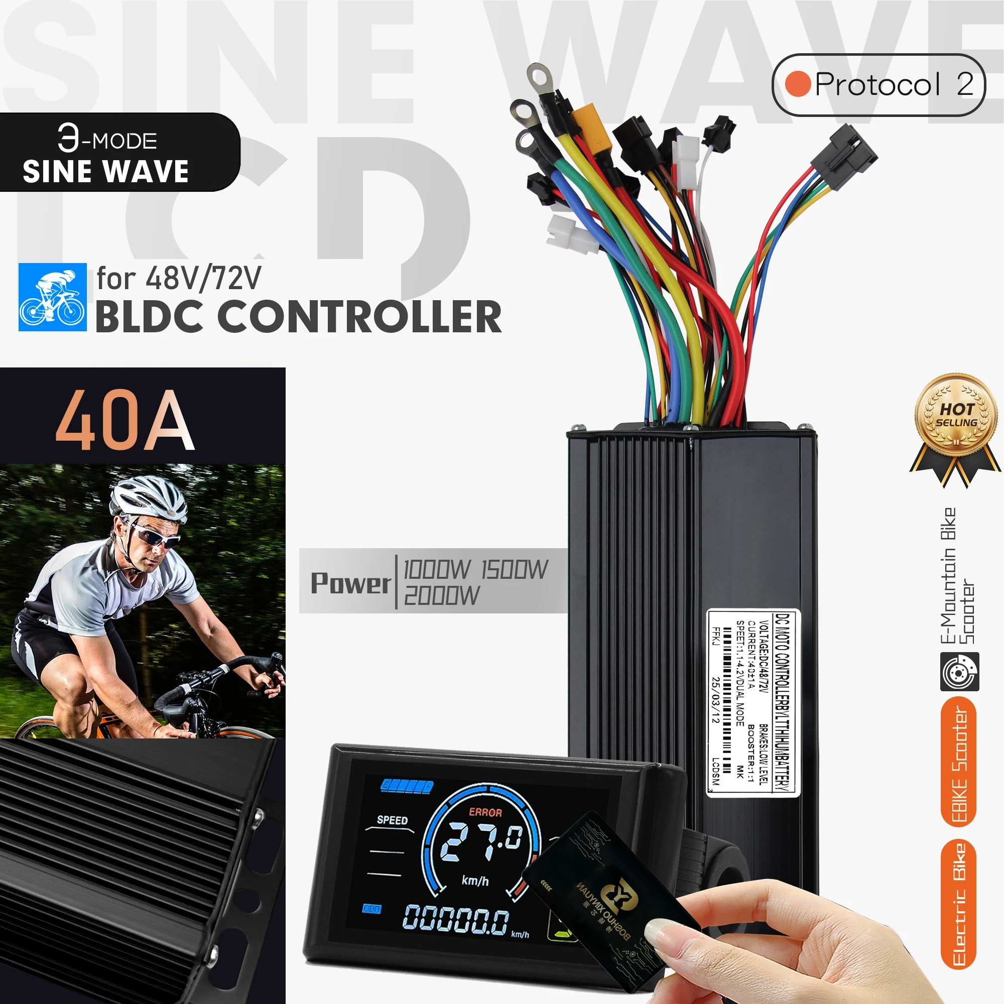

1000W-2000W 48V 72V E-Bike 3-mode Sine Wave BLDC Controller 40A with NFC S966 LCD Display for Electric Bike Scooter Accessories