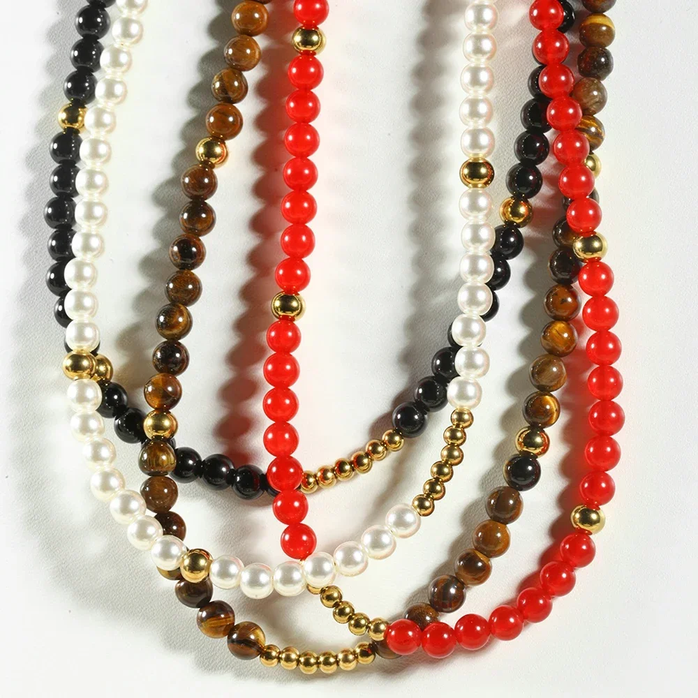 Bohemian Natural Stone Pearl Necklace Tiger Eye Stones Choker Stainless Steel Beads Adjustable Extend Chain Vintage Jewelry Gift