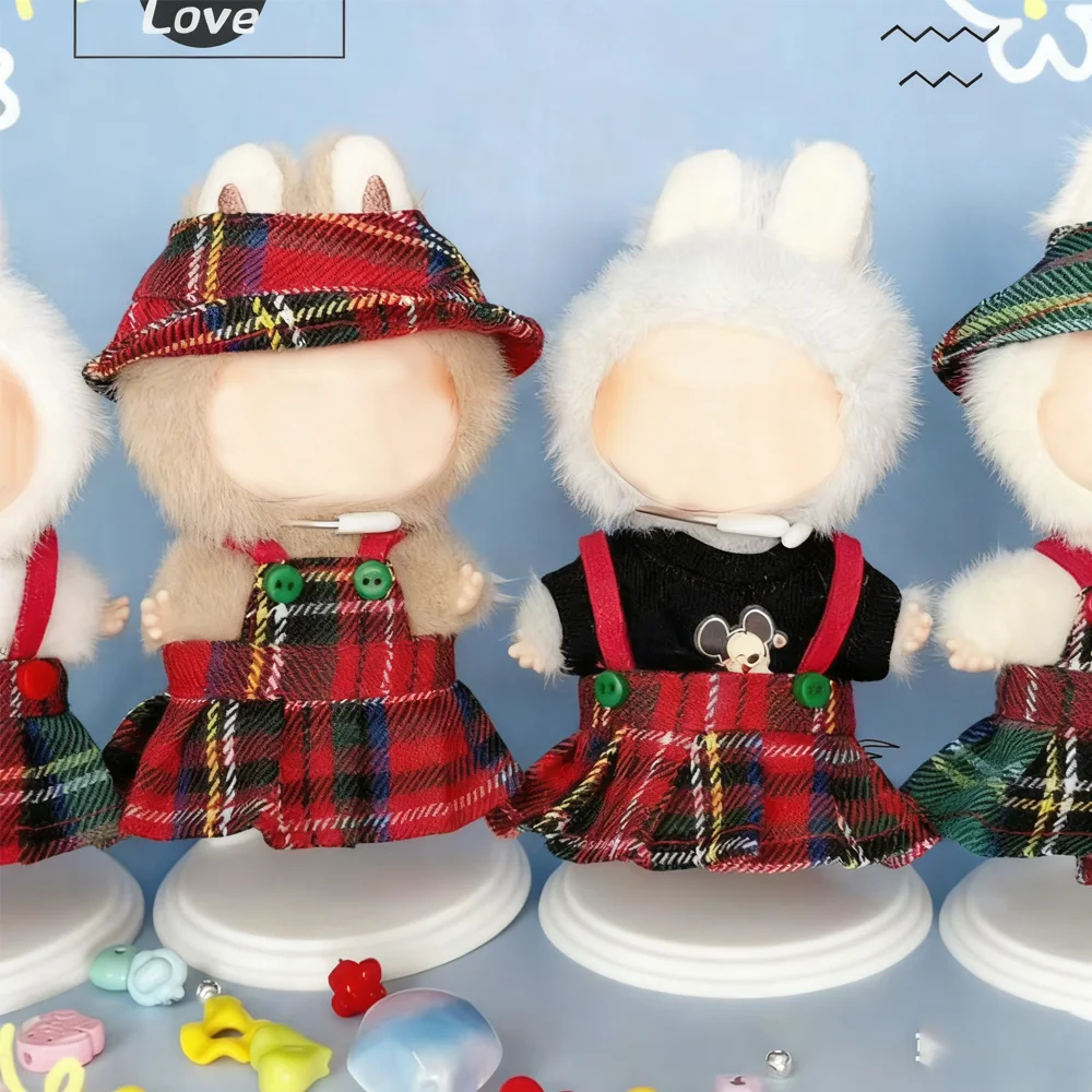 

Комплект одежды для кукол из 2 предметов для 4.0 Labubu Ropa, аксессуары, красная и зеленая клетчатая юбка, дизайн, рождественская кукольная одежда, декор с подвеской