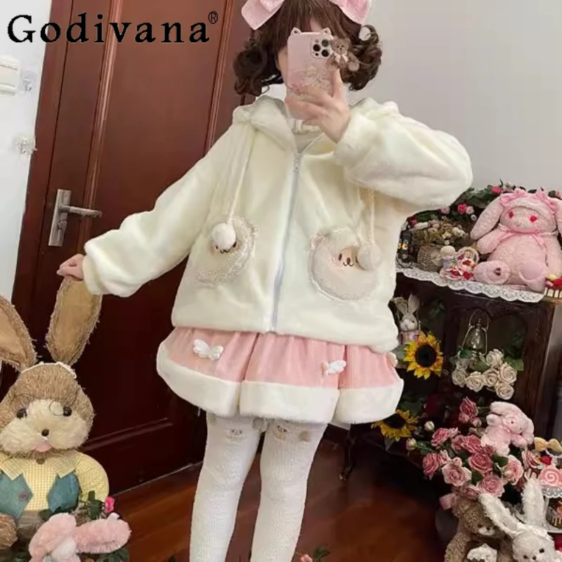 

Original Japanese Cute Girl's Sweet Lolita Short Faux Fur Jacket Winter Women's Plush Soft Warm Fur Hooded Coat Loli Y2k Coats