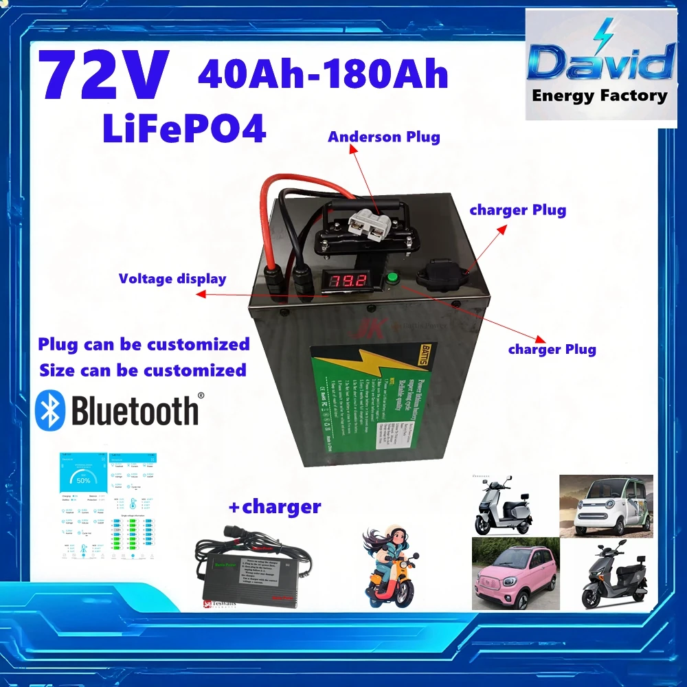 

72V 50ah 80ah 100ah 200Ah scooter lifepo4 lithium battery BMS for 1000W 1500W 2000W 3000W Vehicle Electric motorcycle tricycle