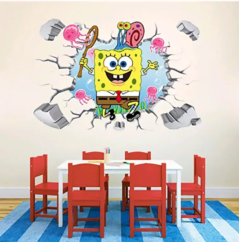 Simulation 3D SpongeBob Schwammkopf Entfernen Farbe Wandaufkleber Schlafzimmer Sofa Raum Dekorative Aufkleber Bemalte Aufkleber 40x60cm